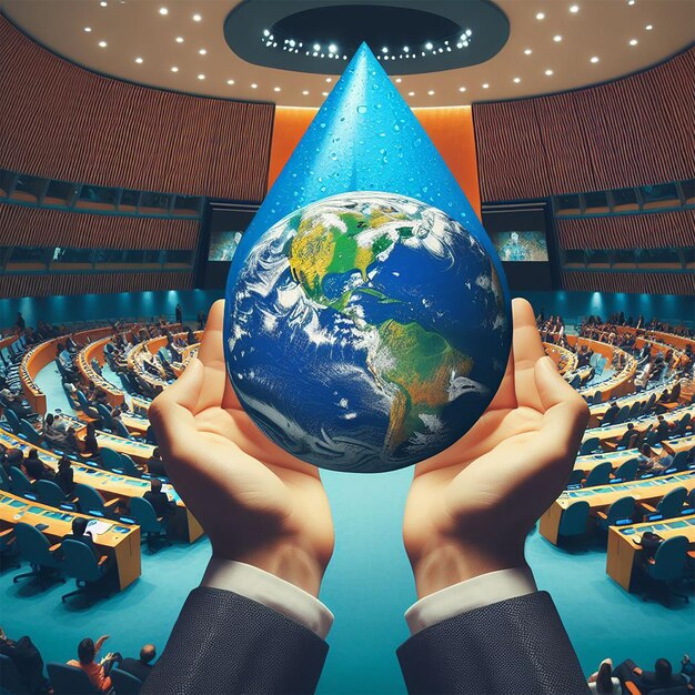 Photo earth in the shape of a drop from two hands un climate change conferenceworld water day