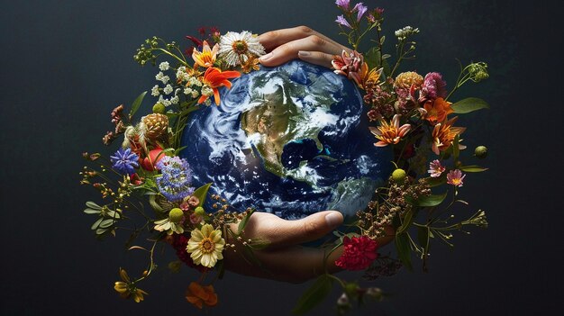 A photo of the Earth surrounded by flowers