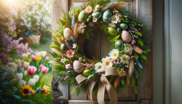 Photo of an Easter wreath hanging on a wooden door with a garden in the background