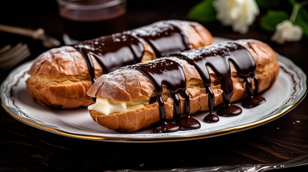 Photo photo of eclairs dessert on plate with top decorations