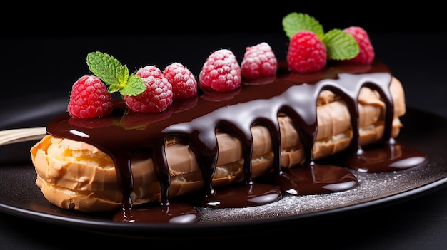 Фото десерта Эклара на тарелке с верхними украшениями