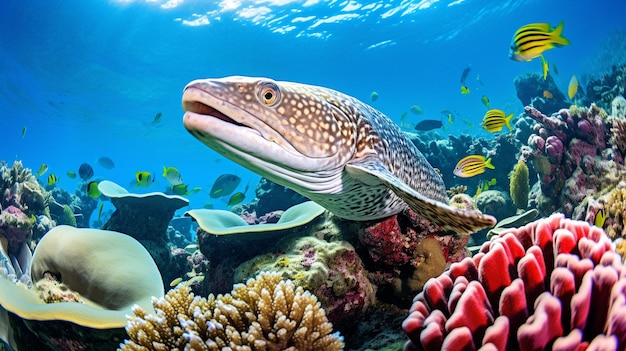 Photo of eel with various fish between healthy coral reefs in the blue ocean