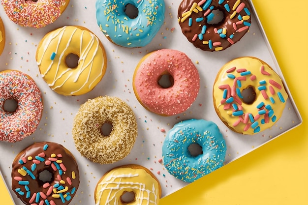 photo een verscheidenheid aan donuts staat op een tafel met kleurrijke hagelslag