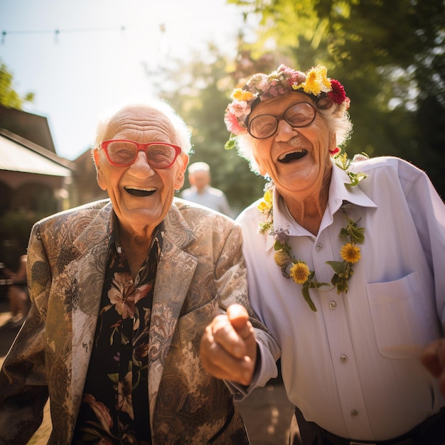 楽しんでいる年配の友達の写真