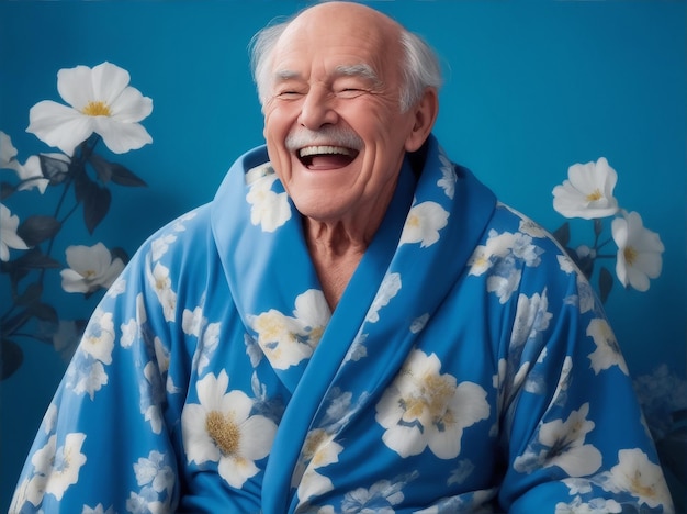 Photo of elder man in a blue floral robe is laughing and has a blue background by Generative AI