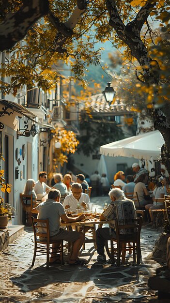 ギリシャの村の広場でピクニックを楽しむ年配の夫婦の写真 家族活動 仕事 介護