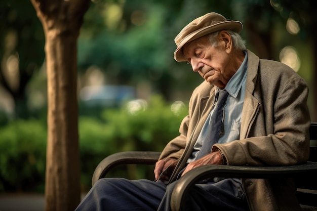 Photo of an elderly gentleman sitting alone on a park bench lost in contemplation Generative AI