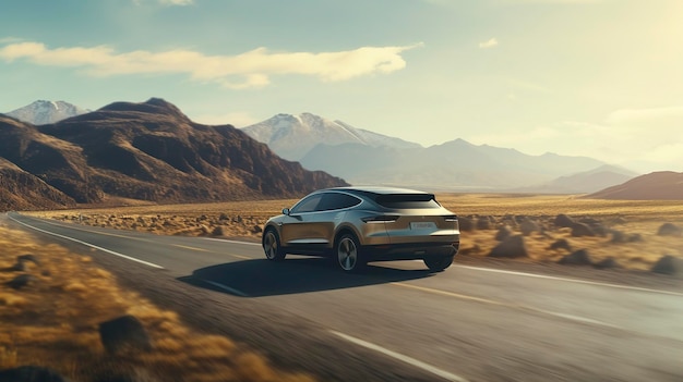 A photo of an electric car driving on a scenic road