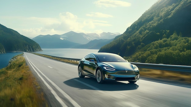 A photo of an electric car driving on a scenic road