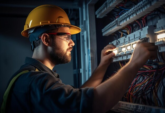 Foto foto di un elettricista che lavora con i fusibili e il centralino dei multimetri digitali