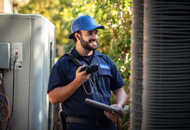 Photo photo of electrical technician working with digital multimeters fuses and switchboard