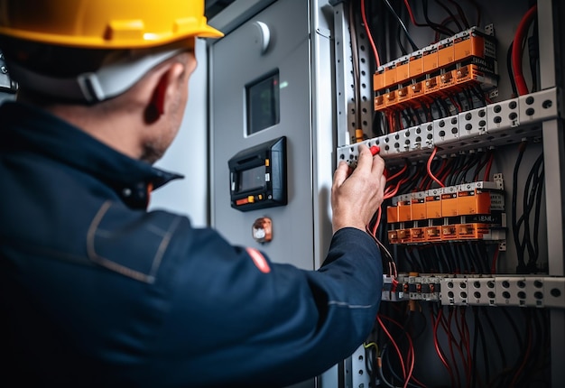 Photo of electrical technician working with digital multimeters fuses and switchboard