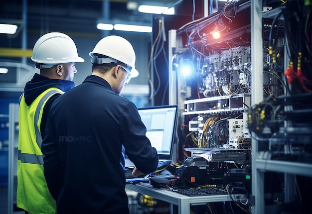 Photo of electrical technician working with digital multimeters fuses and switchboard