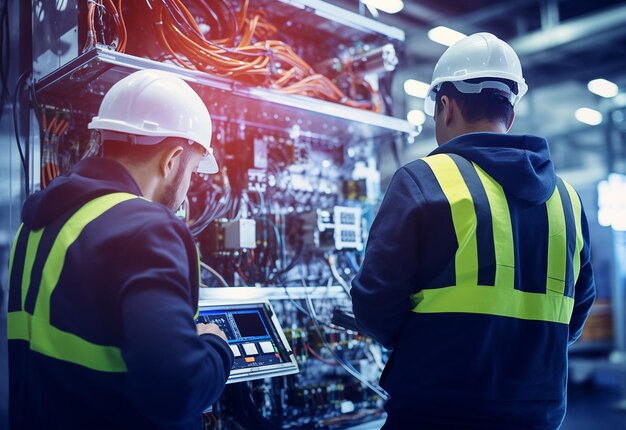 Photo of electrical technician working with digital multimeters fuses and switchboard