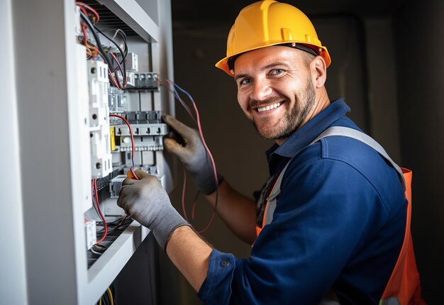 Photo photo of electrical technician working with digital multimeters fuses and switchboard