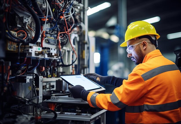 Photo of electrical technician working with digital multimeters fuses and switchboard