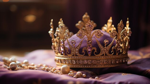 ベルベットの枕の優雅な王冠の写真 柔らかい散らばった光