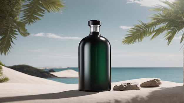 фотография элегантной роскошной бутылки напитка, минималистичный природный фон, пустая этикетка, подходящая для макета