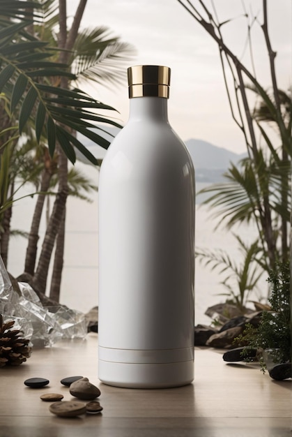photo of elegant luxury drink bottle minimalist nature background blank label suitable for mockup