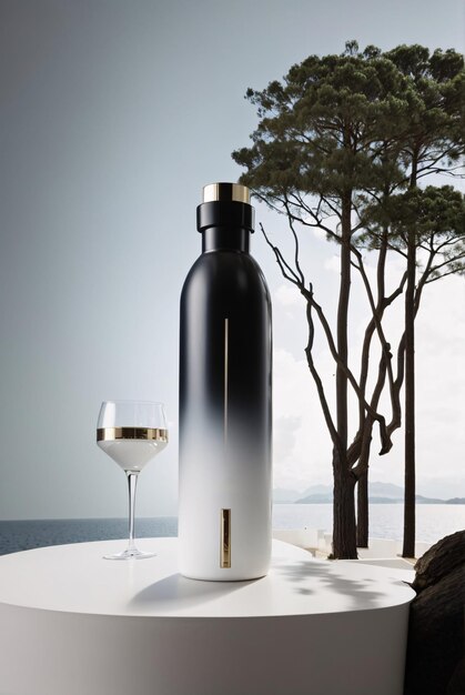 фотография элегантной роскошной бутылки напитка, минималистичный природный фон, пустая этикетка, подходящая для макета