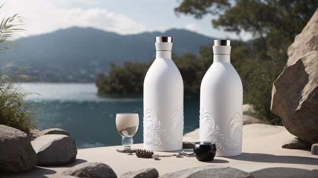 photo of elegant luxury drink bottle minimalist nature background blank label suitable for mockup