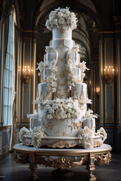 Photo of an elegant and ornate wedding cake with intricate details Generative AI