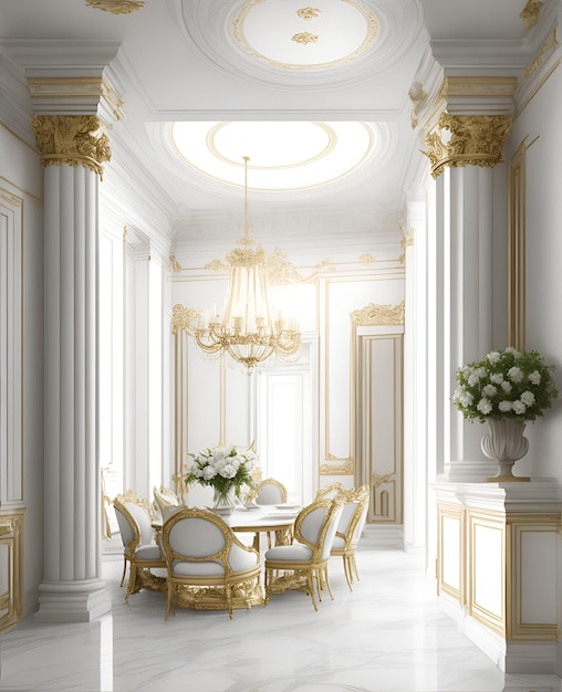 Photo of a elegant white and gold dining room with a stunning chandelier