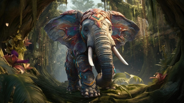 Photo of an elephant standing majestically in the heart of a lush forest