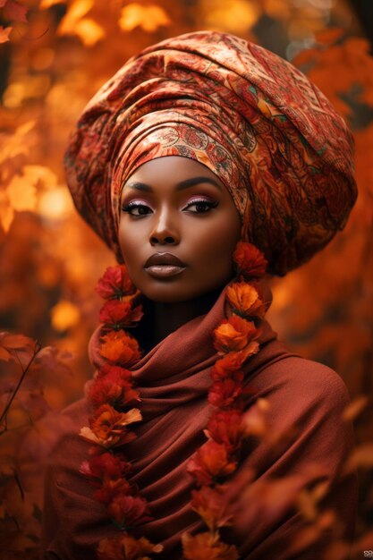 photo of emotional dynamic pose African woman in autumn