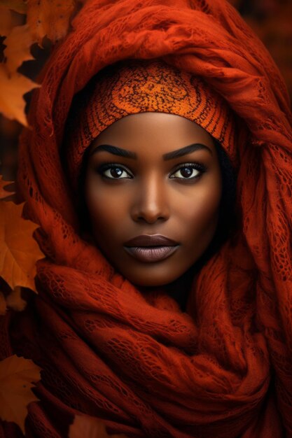 photo of emotional dynamic pose African woman in autumn