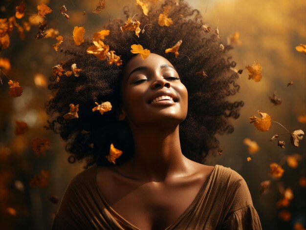 photo of emotional dynamic pose African woman in autumn