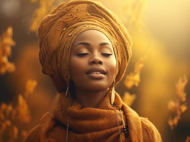 photo of emotional dynamic pose African woman in autumn