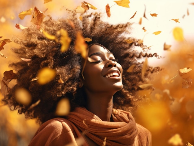 photo of emotional dynamic pose African woman in autumn