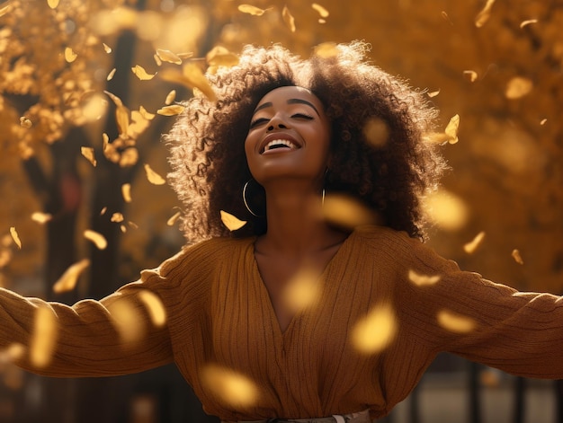 Photo photo of emotional dynamic pose african woman in autumn