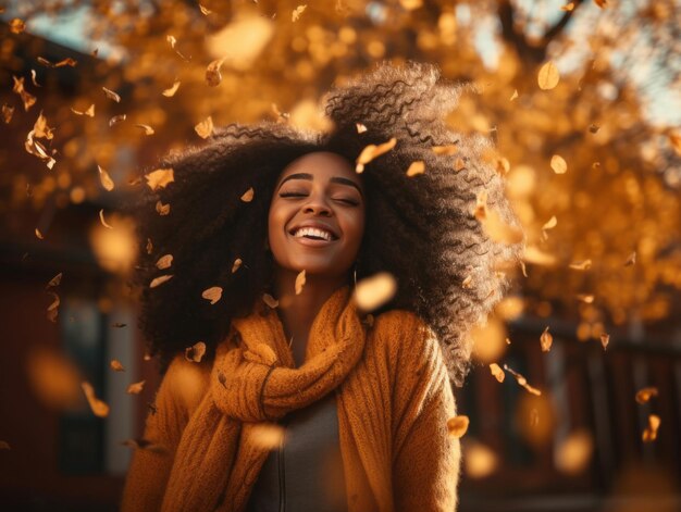 Photo photo of emotional dynamic pose african woman in autumn