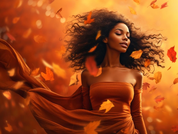 photo of emotional dynamic pose African woman in autumn