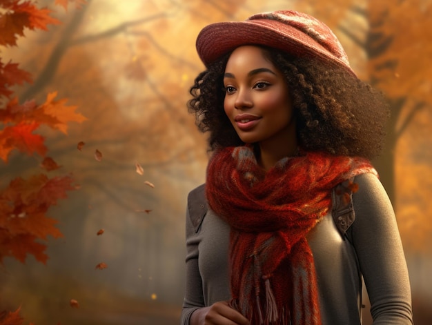 photo of emotional dynamic pose African woman in autumn