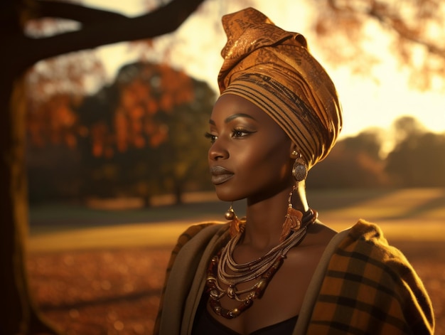 photo of emotional dynamic pose African woman in autumn