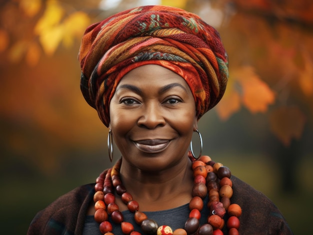 photo of emotional dynamic pose African woman in autumn