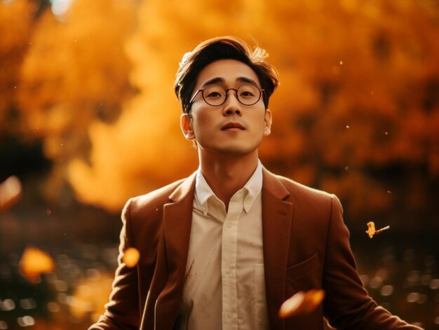 Photo of emotional dynamic pose asian man in autumn