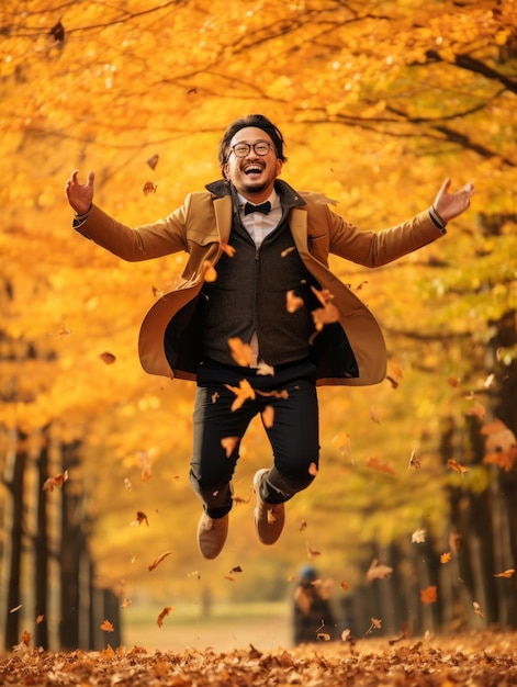 photo of emotional dynamic pose Asian man in autumn