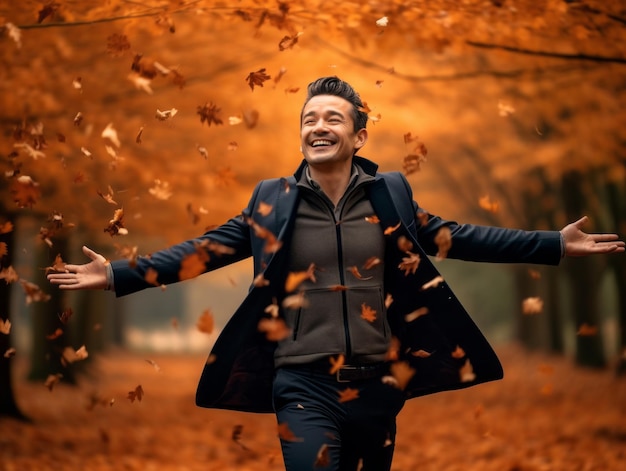 photo of emotional dynamic pose Asian man in autumn