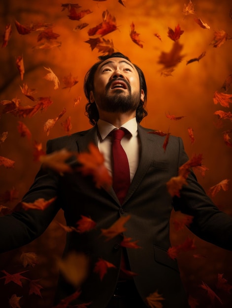 photo of emotional dynamic pose Asian man in autumn