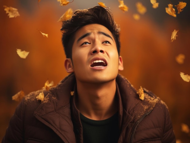 photo of emotional dynamic pose Asian man in autumn