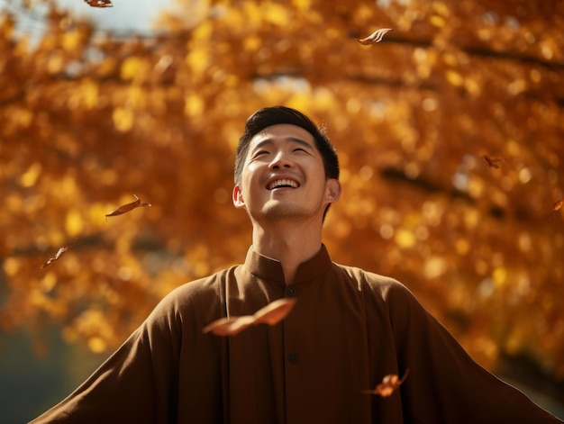 фото эмоциональной динамичной позы азиатского мужчины осенью
