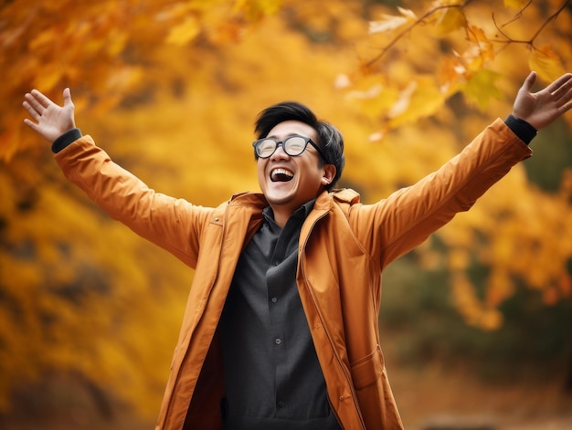 photo of emotional dynamic pose Asian man in autumn