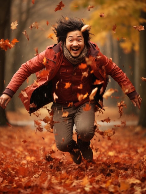 photo of emotional dynamic pose Asian man in autumn