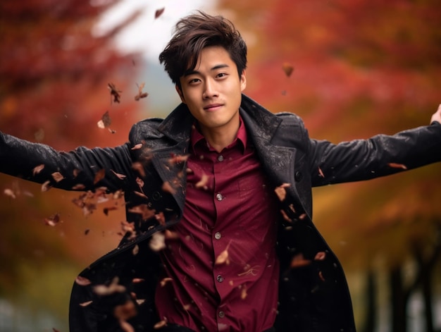 photo of emotional dynamic pose Asian man in autumn