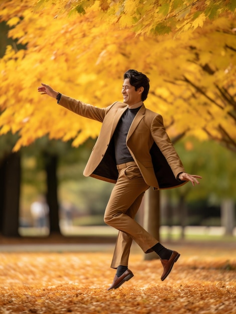 photo of emotional dynamic pose Asian man in autumn