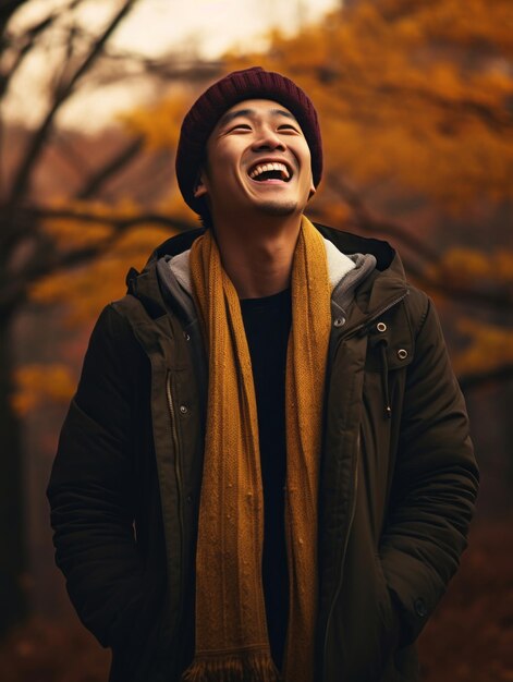 photo of emotional dynamic pose Asian man in autumn